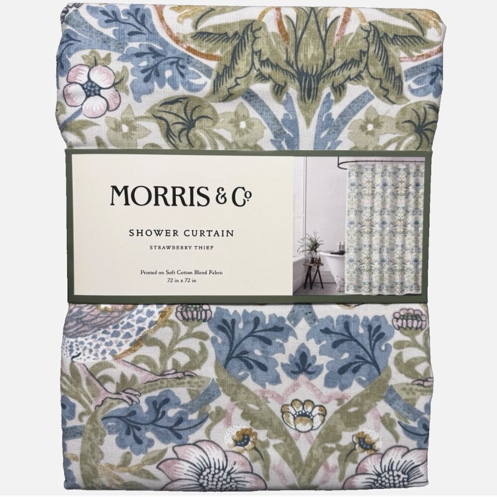William Morris & Co STRAWBERRY THIEF Shower Curtain Green Blue Pink Summer NEW